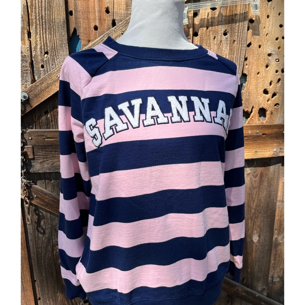 Crown & Ivy SweatShirt Womens Medium Savannah Pink Blue Striped Preppy Georgia